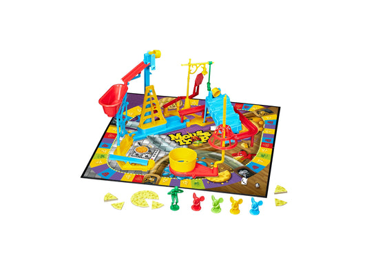 Mouse Trap 2-4 Player Board Game with colorful game board, blue and red trap structure, player pieces, and cheese wedges