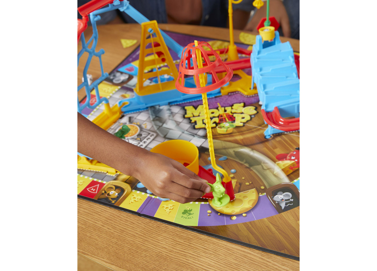 Mouse Trap 2-4 Player Board Game with colorful blue, red, and yellow trap structures, game board with cheese wedges, ...
