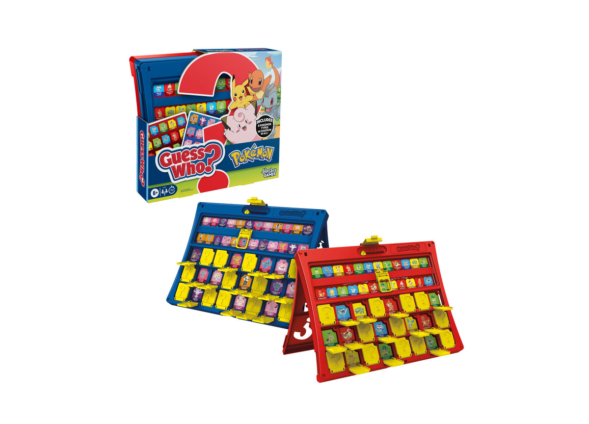 Guess Who Pokémon Edition board game with red and blue fold-up cases featuring Pikachu and other Pokémon characters