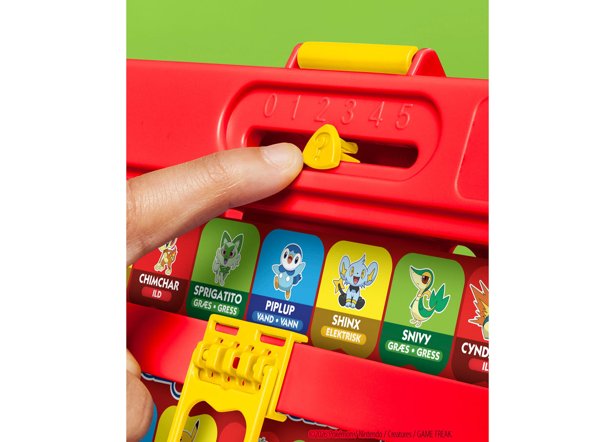 Hasbro Gaming Guess Who Pokémon Edition red fold-up game case with yellow roller and character cards featuring Pokémo...