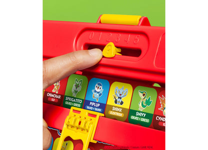 Hasbro Gaming Guess Who Pokémon Edition red fold-up game case with yellow roller and character cards featuring Pokémo...