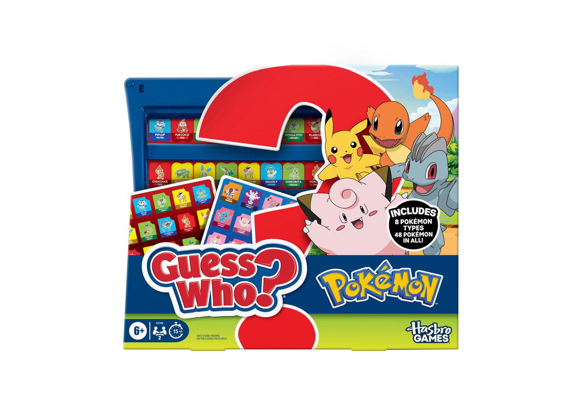 Hasbro Gaming Guess Who Pokémon Edition 2-Player Board Game with red question mark design and Pikachu, Charmander, an...