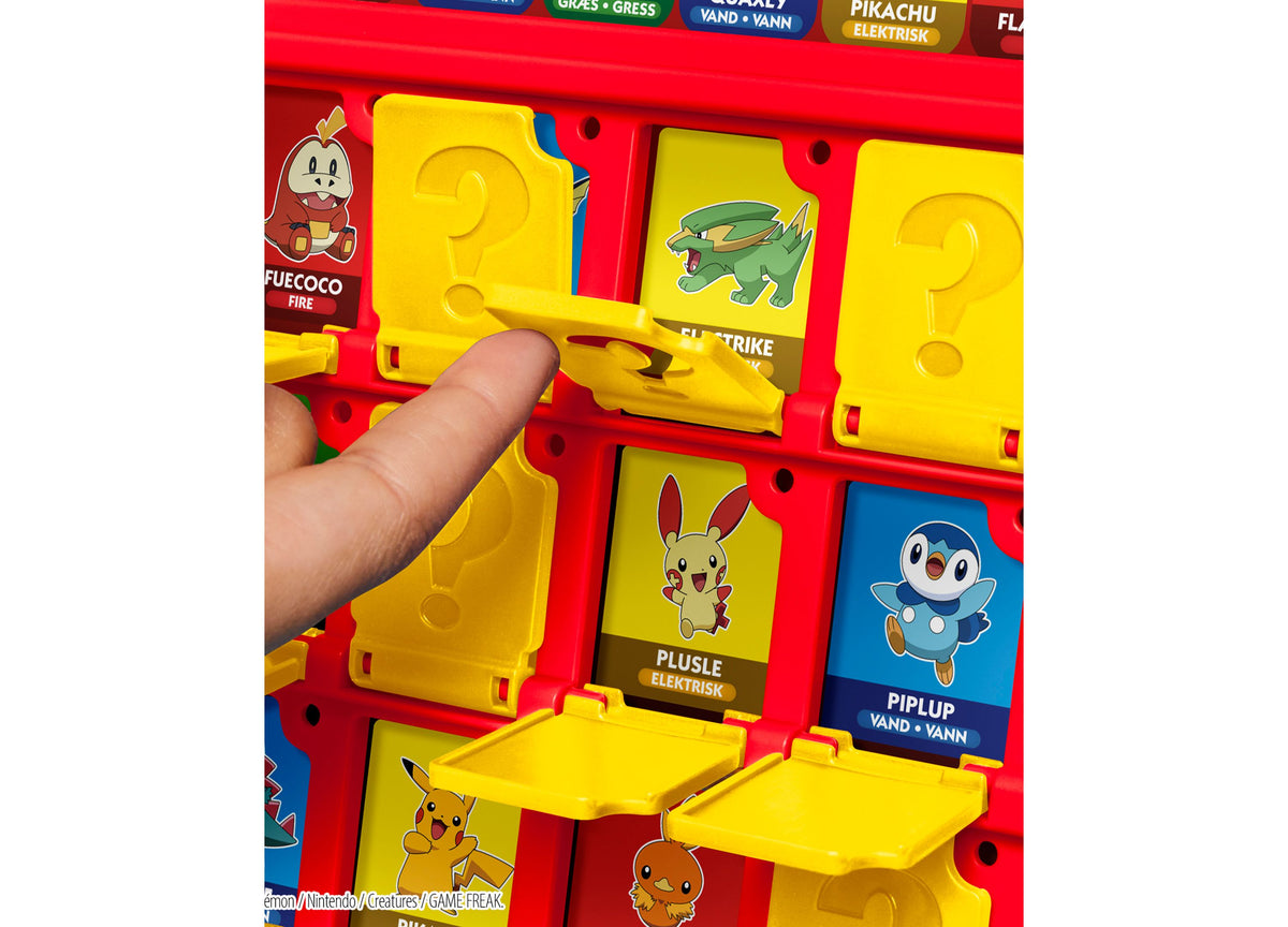 Hasbro Gaming Guess Who Pokémon Edition board game with red case, yellow fold-up character panels featuring Pokémon c...