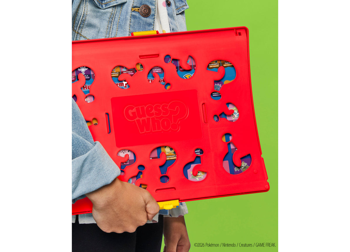 Hasbro Gaming Guess Who Pokémon Edition red fold-up board game with character windows and Pokémon designs