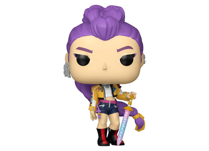 Funko POP Animation KPOP Demon Hunters Rumi toy with purple hair, yellow jacket, and sword