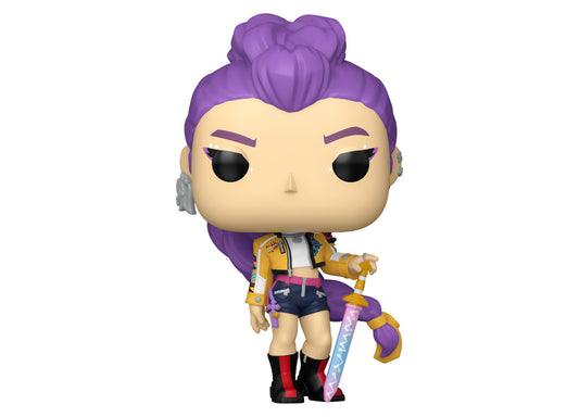 Funko POP Animation KPOP Demon Hunters Rumi toy with purple hair, yellow jacket, and sword