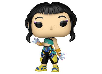 Funko POP Animation KPOP Demon Hunters Zoey figure with black hair, blue and yellow outfit, and fairy wings
