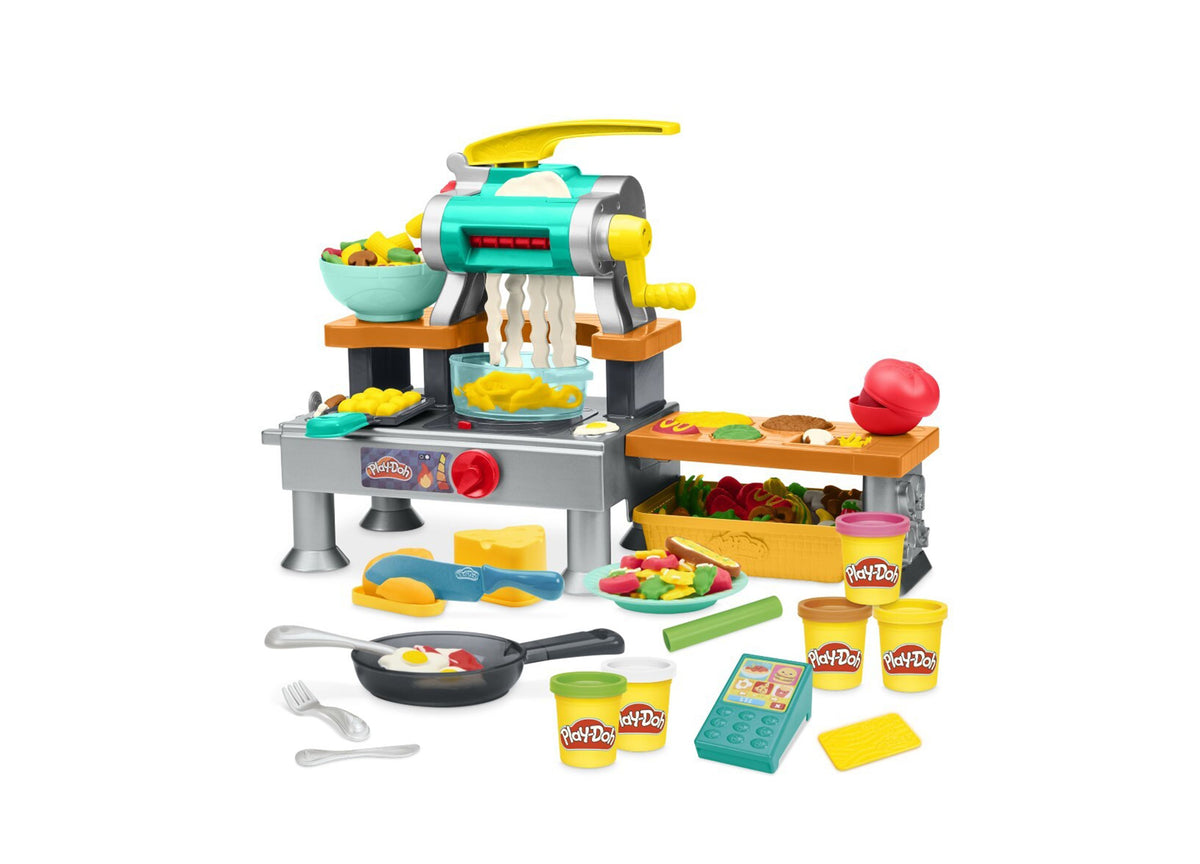 Play-Doh Super Sizzlin' Kitchen Playset with pasta maker, skillet, accessories, and colorful Play-Doh containers