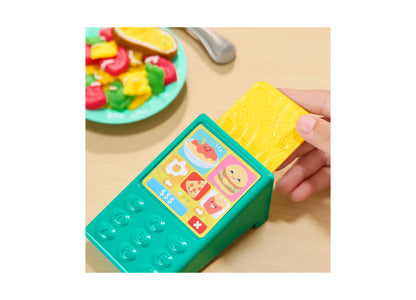 Play-Doh Super Sizzlin' Kitchen Playset with turquoise base, yellow pasta maker attachment, and colorful food-themed ...