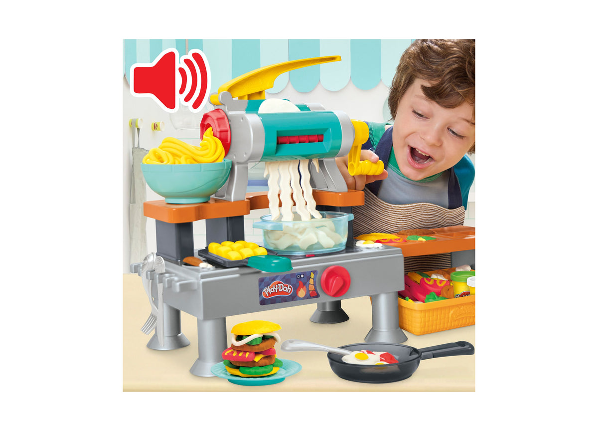 Play-Doh Super Sizzlin' Kitchen Playset with pasta maker, child playing, colorful cookware and pretend foods
