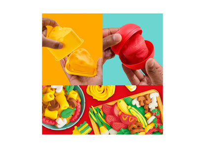 Play-Doh Super Sizzlin' Kitchen Playset with yellow and red cookware, pasta maker, and colorful pretend foods