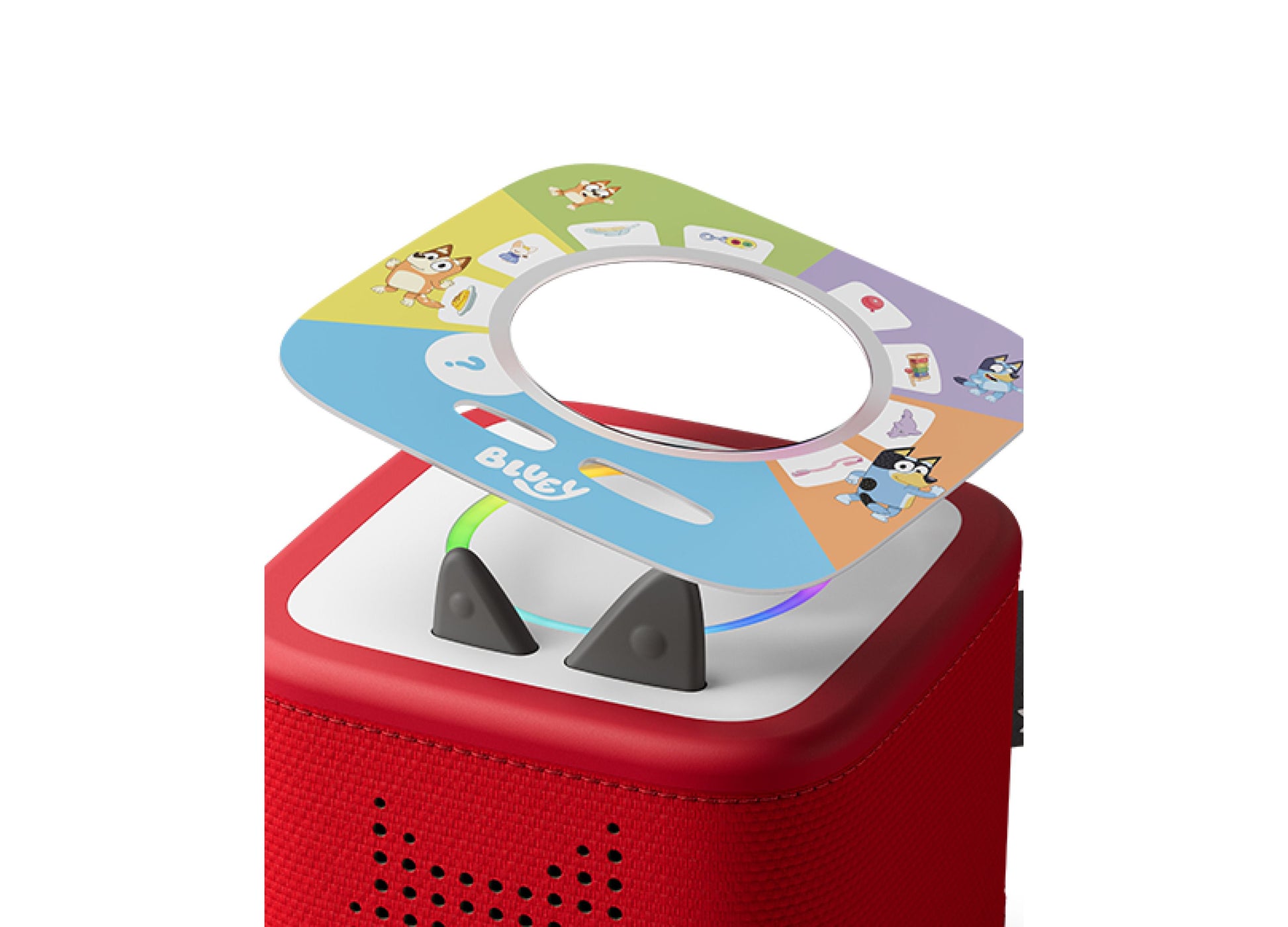 Tonies Tonieplay Bluey screen-free audio game with red speaker base and colorful interactive board