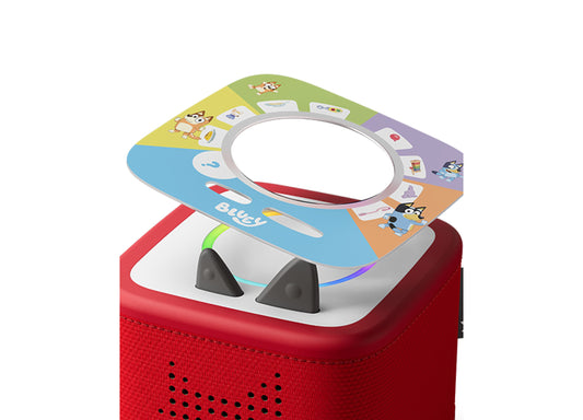 Tonies Tonieplay Bluey screen-free audio game with red speaker base and colorful interactive board