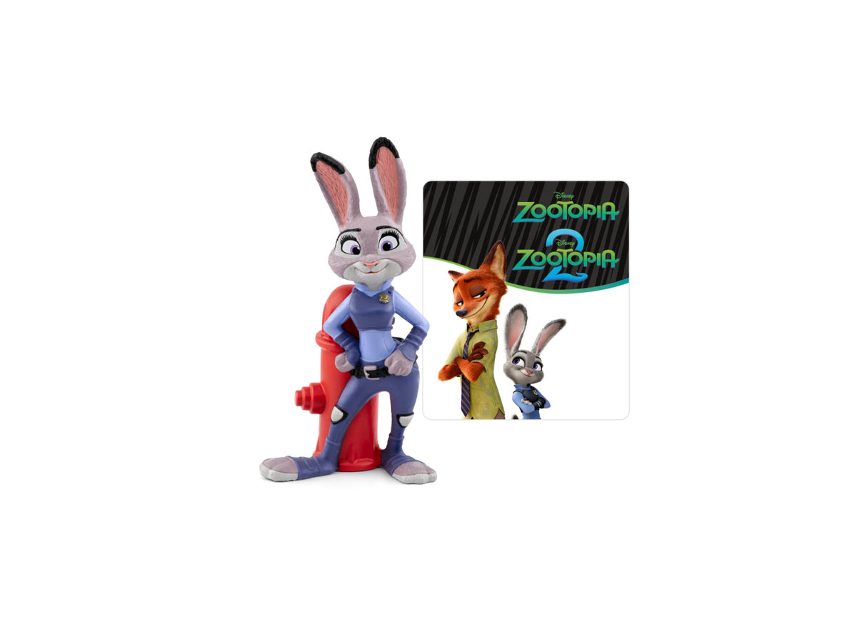 Tonies Disney Zootopia figurine showing Judy Hopps in blue police uniform next to Zootopia 2 packaging