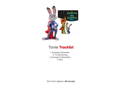 Tonies Disney Zootopia Judy Hopps figurine in blue and red outfit with Zootopia packaging showing characters