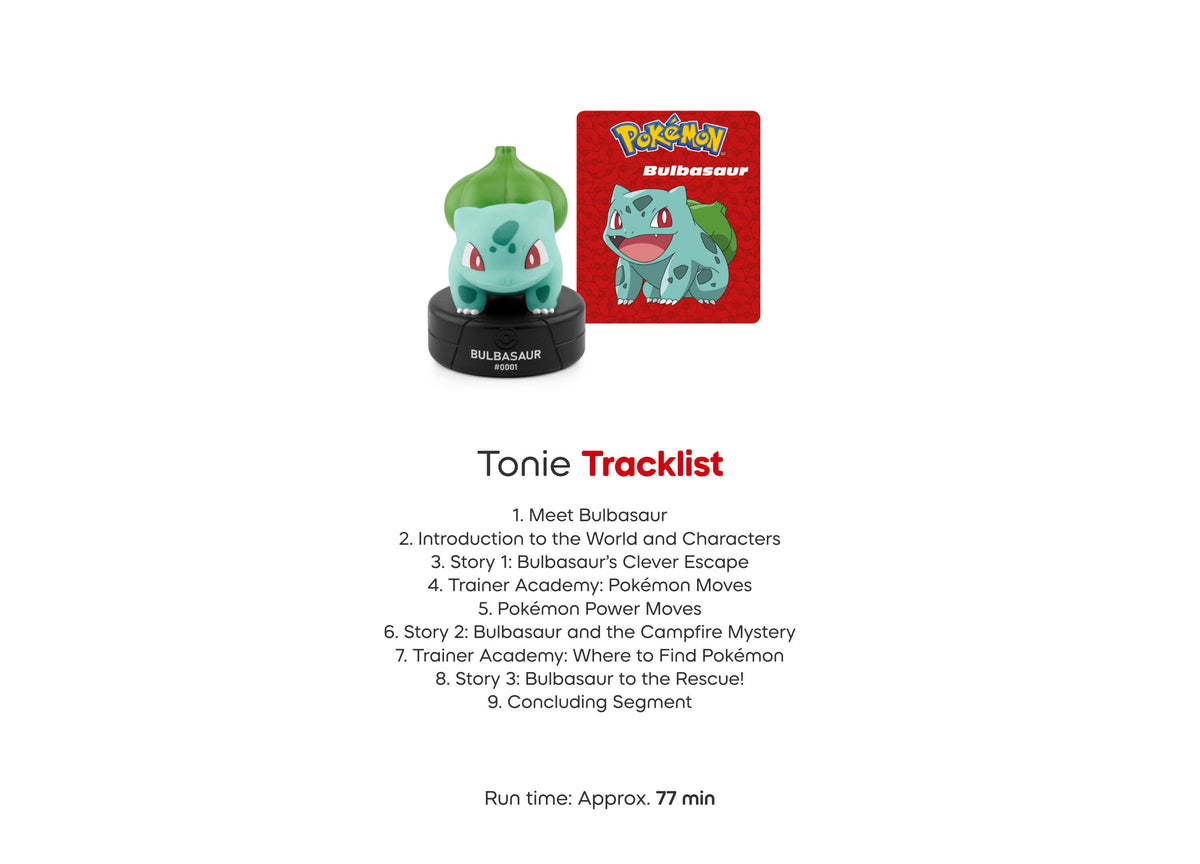 Tonies Pokemon Bulbasaur figure with green and blue coloring on black base, includes red storybook