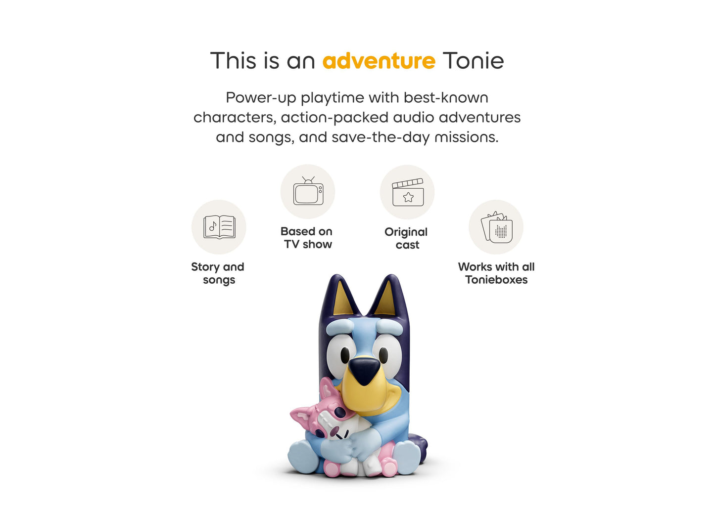 Tonies Bluey Tonie figurine set with blue dog character and pink accessories for audio storytelling play