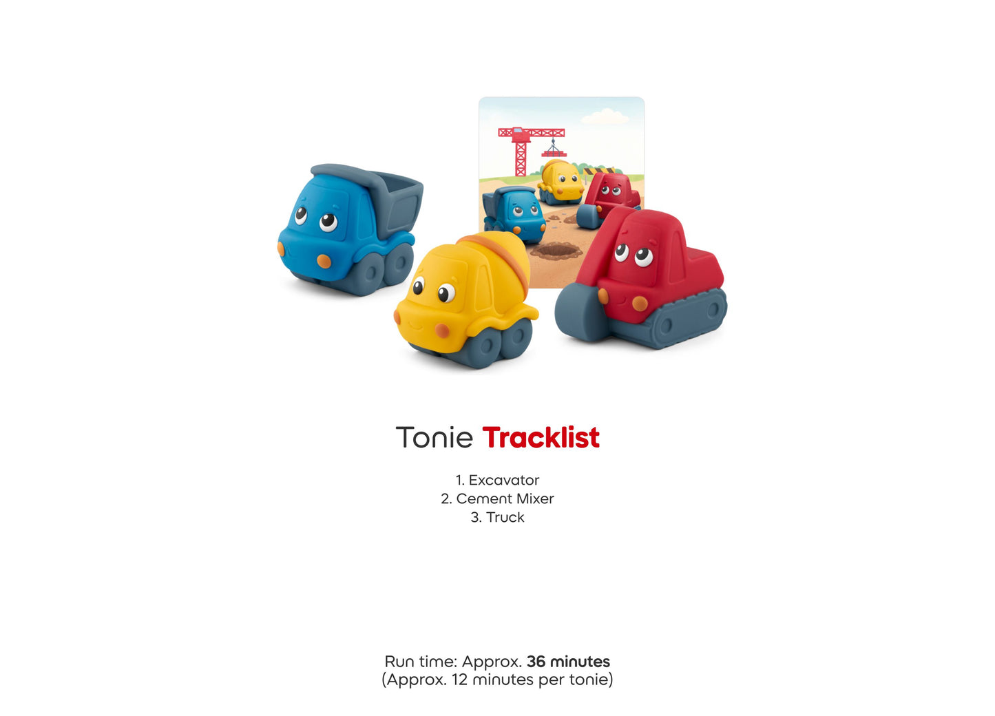 Tonies My First Tonies Construction Set with blue excavator, yellow cement mixer, and red truck figurines