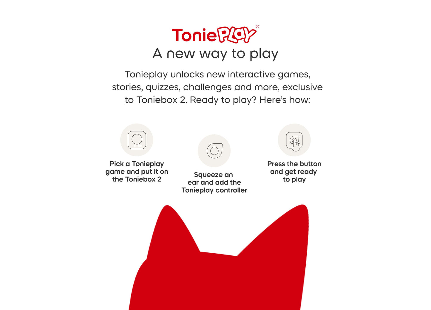 Tonies Tonieplay screen-free audio game instructions showing three steps with red Tonies character