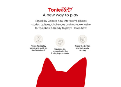 Tonies Tonieplay screen-free audio game instructions showing three steps with red Tonies character