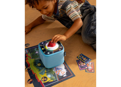 Tonies Tonieplay PAW Patrol board game with blue speaker and red button, child playing on colorful game mat