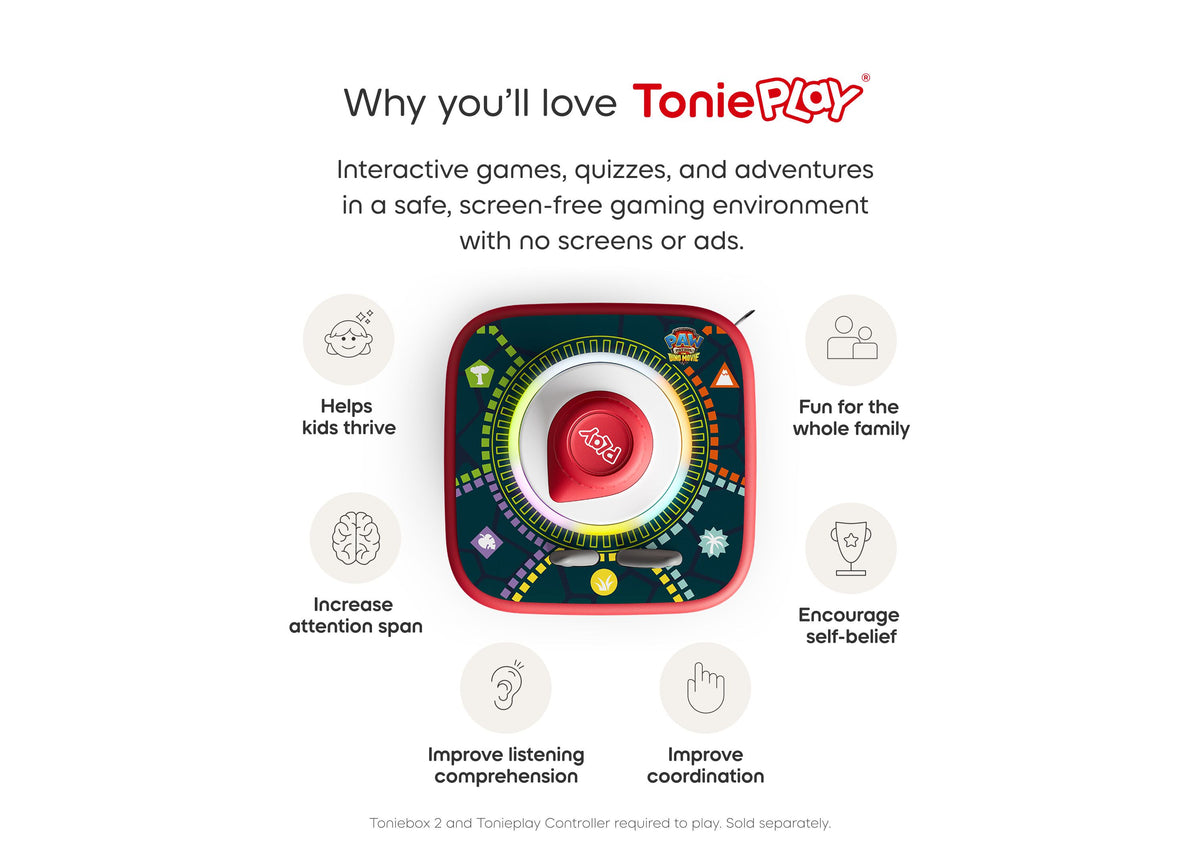 Tonies Tonieplay red and dark blue interactive board game with central red button, showing benefits like improving co...