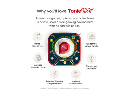 Tonies Tonieplay red and dark blue interactive board game with central red button, showing benefits like improving co...