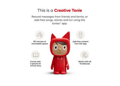 Red Rubie Creative Tonie character figure with cat ears, shown with Toniebox Lite starter set features