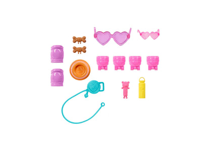 Barbie Skate and Run Pup Fashion Doll set with pink doll, puppy, roller skates, accessories in pink, blue, orange and...