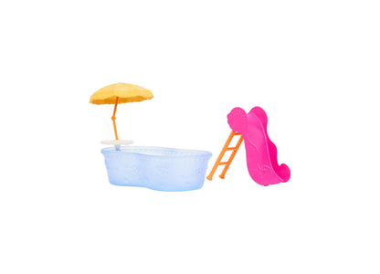 Barbie Chelsea Summer Vacation Pool Party Waterslide playset with blue pool, pink waterslide, yellow umbrella, and or...