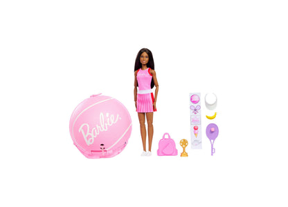 Barbie Team Barbie Roll & Reveal Tennis Player doll in pink outfit with ball, accessories, and sticker sheet