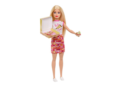 Barbie Pizza Shop playset with blonde doll holding pizza box and wearing pink pizza-themed outfit