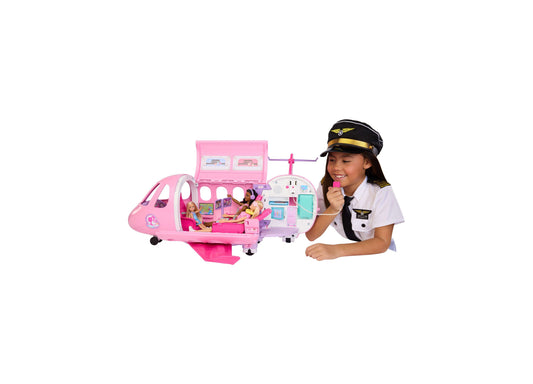 Barbie Dream Plane 15-Piece Airplane Playset in pink with child in pilot costume playing with microphone
