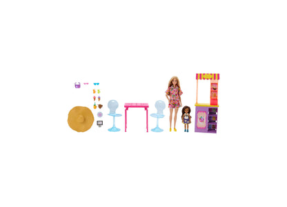 Barbie & Chelsea Summer Vacation Beach Shack Playset with 2 dolls, pink and yellow snack stand, blue chairs, table, a...