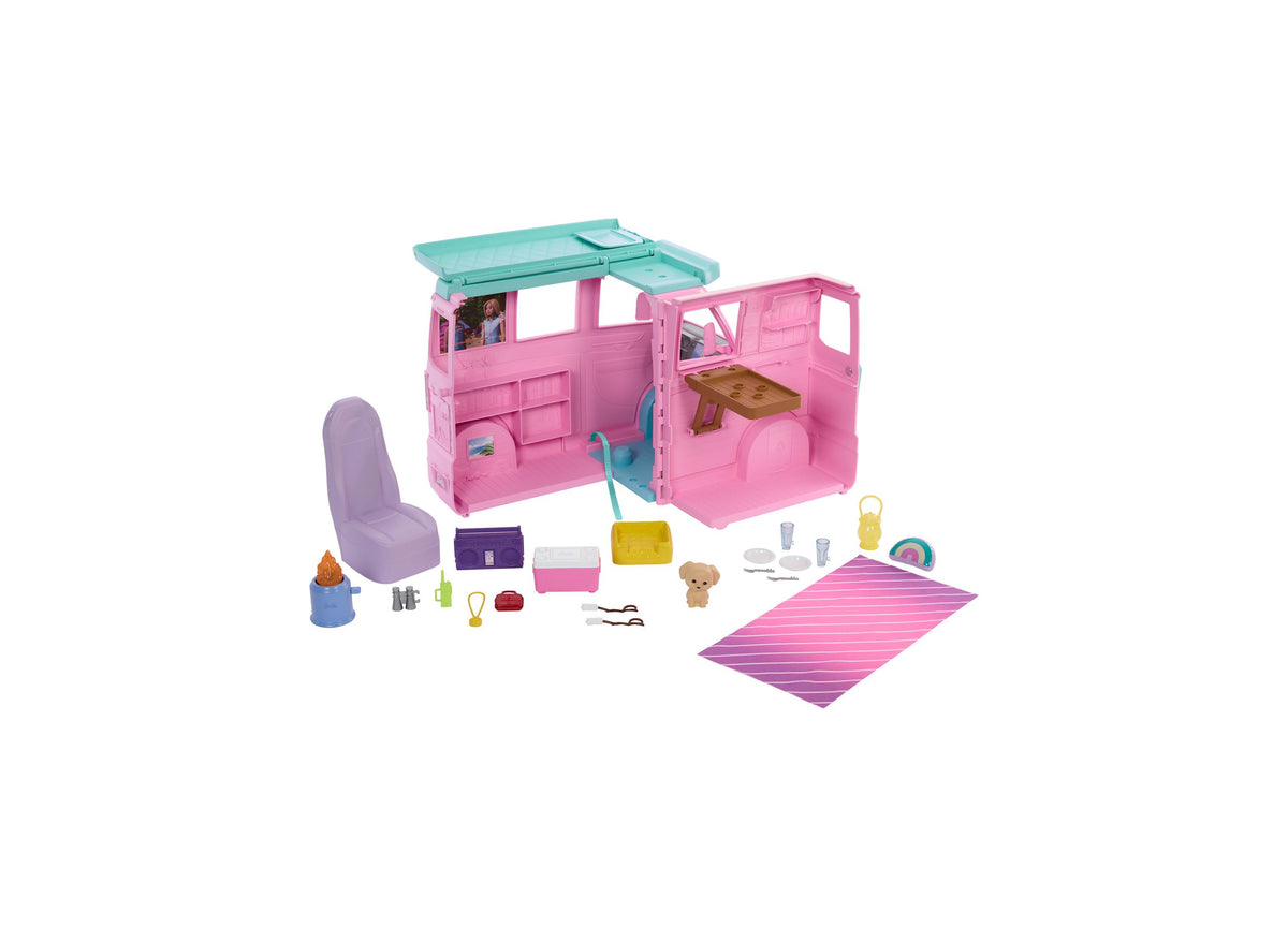 Barbie Dream Land Road Trip Camper 20-piece playset in pink with turquoise roof, puppy, and travel accessories