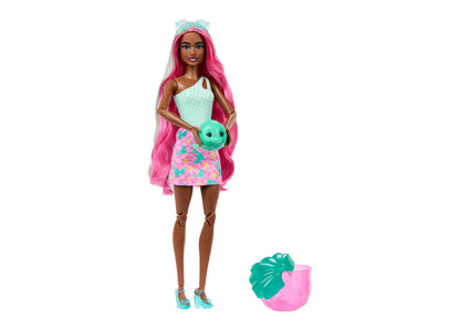 Barbie Pop Reveal Sea Slushy doll with pink hair, mint top, patterned skirt, holding green sea creature accessory