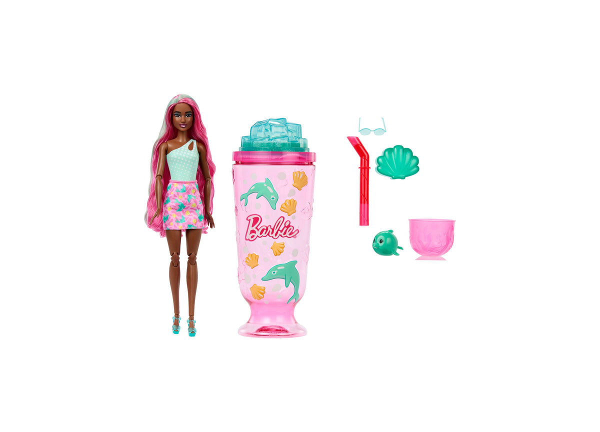 Barbie Pop Reveal Sea Slushy doll with pink hair, mint top, colorful skirt, shown with color-change cup and accessori...