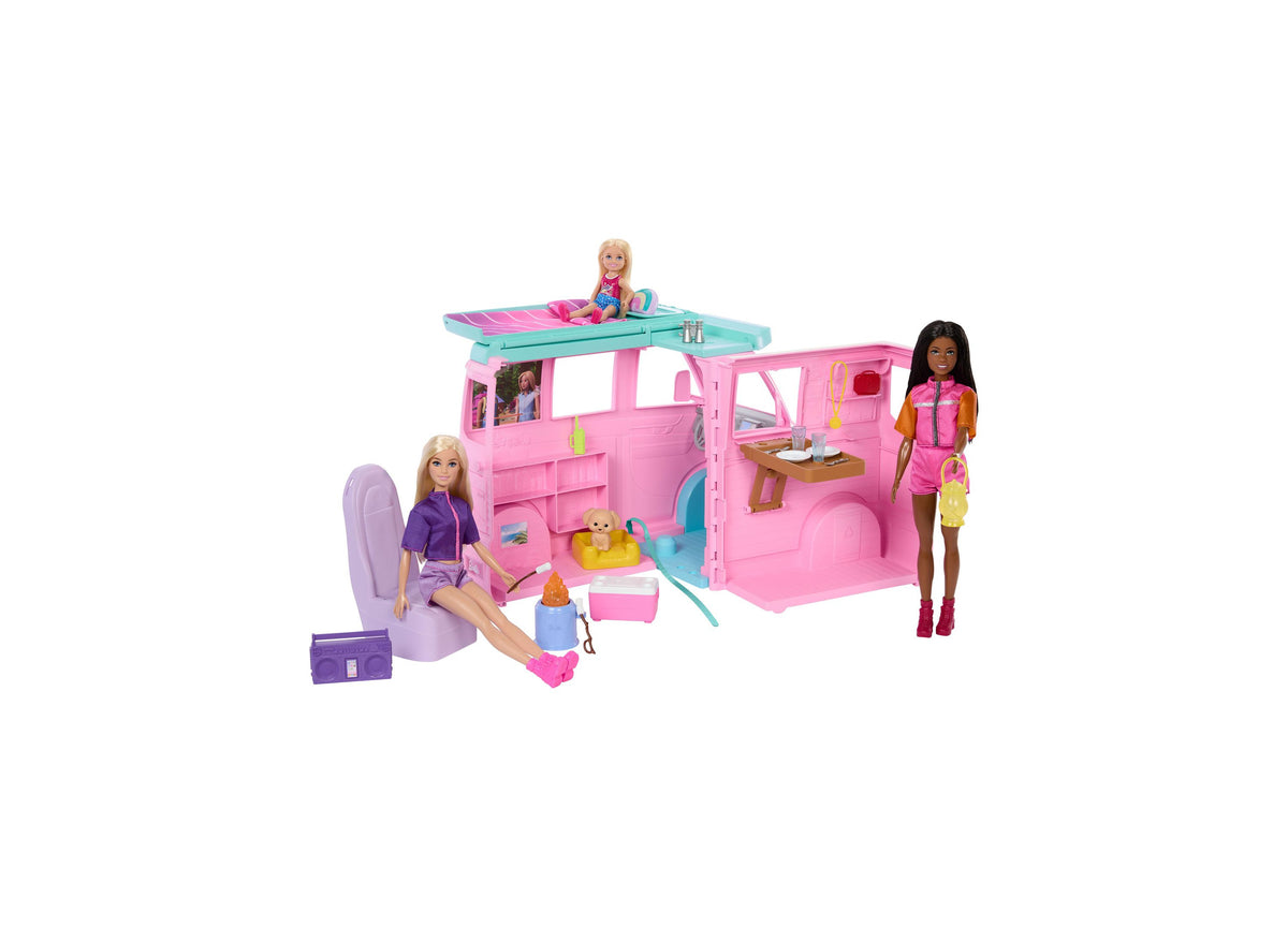 Barbie Dream Land Road Trip Camper 20-piece playset with pink camper, puppy, and travel accessories