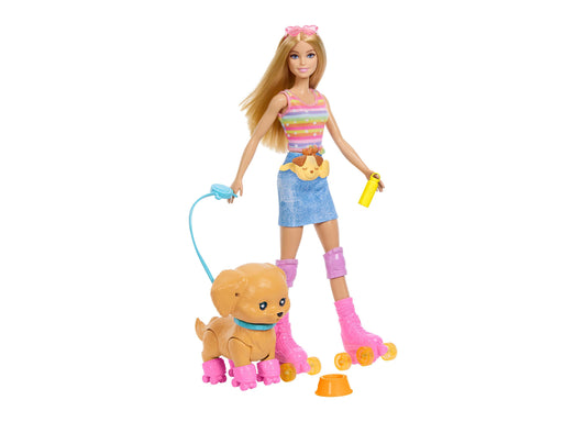 Barbie Skate and Run Pup Fashion Doll with blonde hair wearing colorful striped top, denim skirt, pink roller skates ...