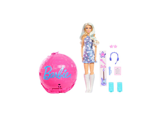 Barbie Roll & Reveal Pop Star doll with pink disco ball, purple sequin dress, white boots, guitar, headphones, and ac...