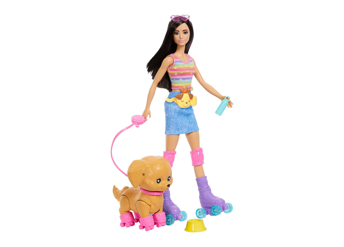 Barbie Skate and Run doll with roller-skating puppy, wearing colorful striped top and blue skirt with accessories