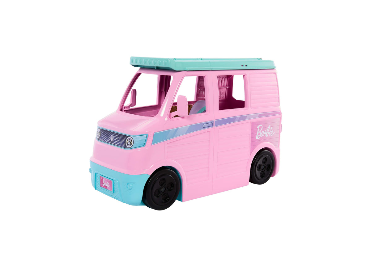 Barbie Dream Land Road Trip Camper playset in pink and turquoise with opening doors and rooftop bed