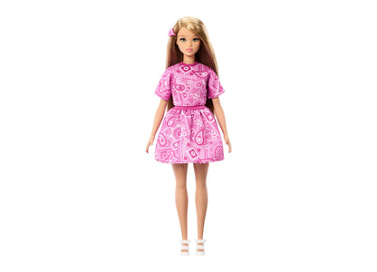 Barbie Fashionistas #249 doll wearing pink bandana-print dress with short sleeves and white sandals