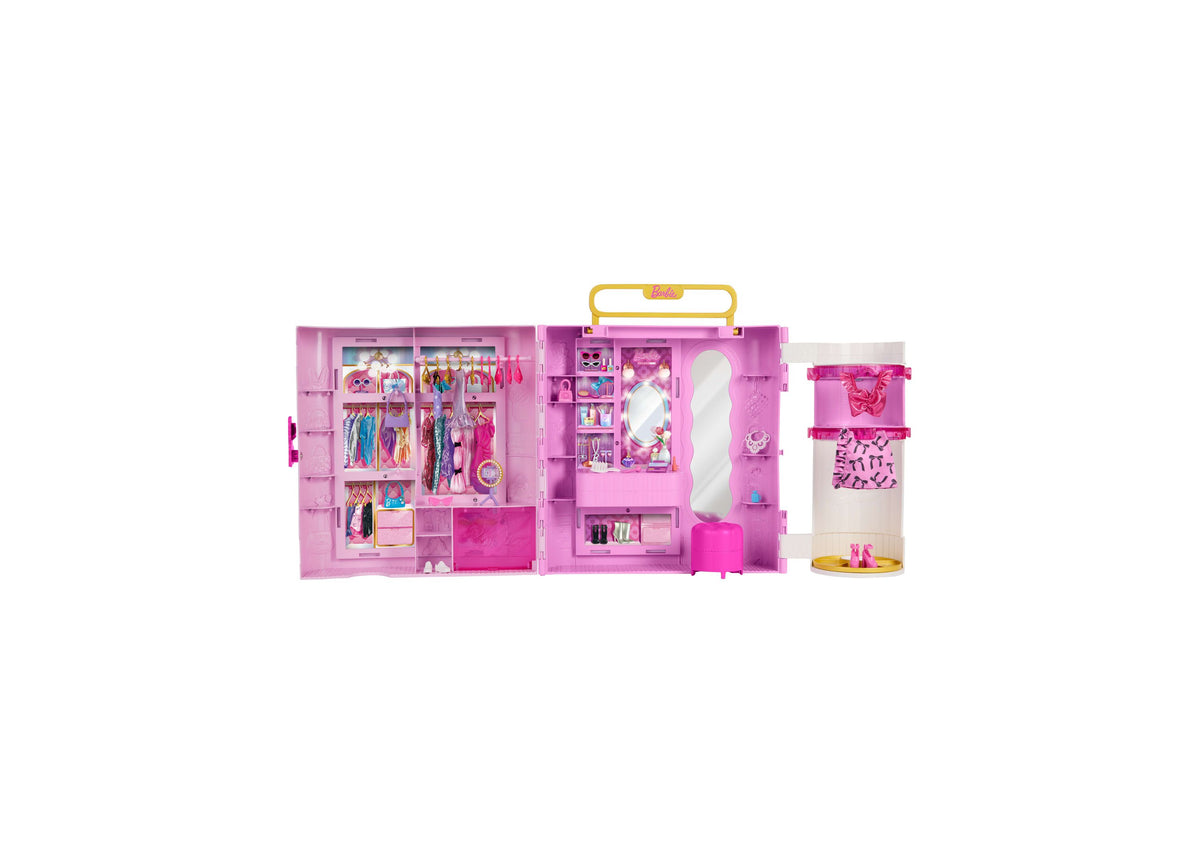 Barbie Deluxe Style Closet playset with pink wardrobe, spin feature tube, mirrors, and 20+ accessories