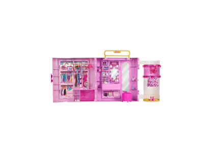 Barbie Deluxe Style Closet playset with pink wardrobe, spin feature tube, mirrors, and 20+ accessories