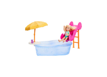 Barbie Chelsea Summer Vacation Pool Party Playset with blonde Chelsea doll, blue pool, pink waterslide, yellow umbrel...