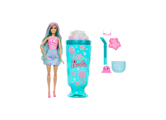Barbie Pop Reveal Sea Slushy doll with pink and teal hair, turquoise drink accessory, pink pet, and styling pieces