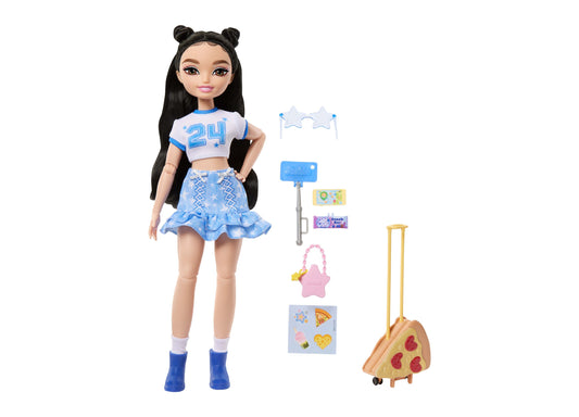 Barbie Dream Besties Renee doll in blue sports outfit with number 24, shown with carry-on luggage, selfie stick, and ...