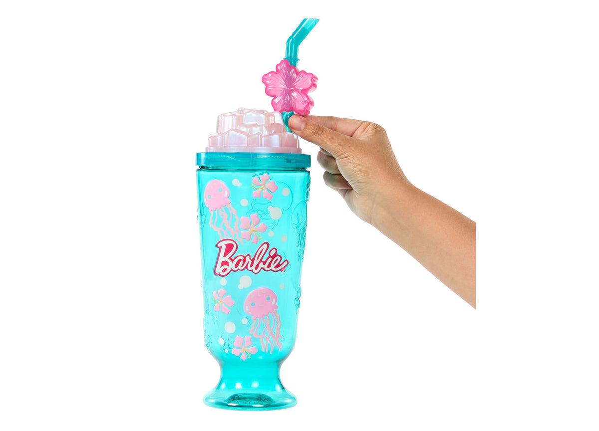 Barbie Pop Reveal Sea Slushy doll with turquoise cup, pink flower-topped straw, and jellyfish designs