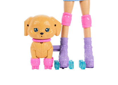 Barbie Skate and Run doll with golden puppy, both wearing pink roller skates and purple leg warmers